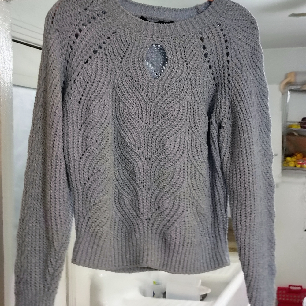 White House Black Market Light Blue Sweater with knitted opening in the front - Picture 2 of 8